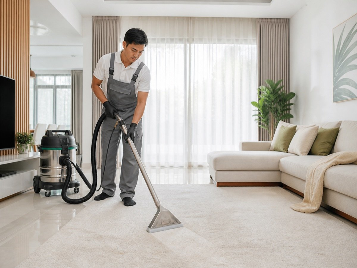Professional carpet extraction cleaning in a modern living room