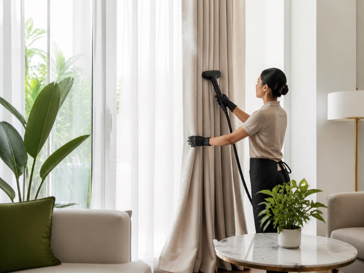 Professional steam cleaning floor-length curtains