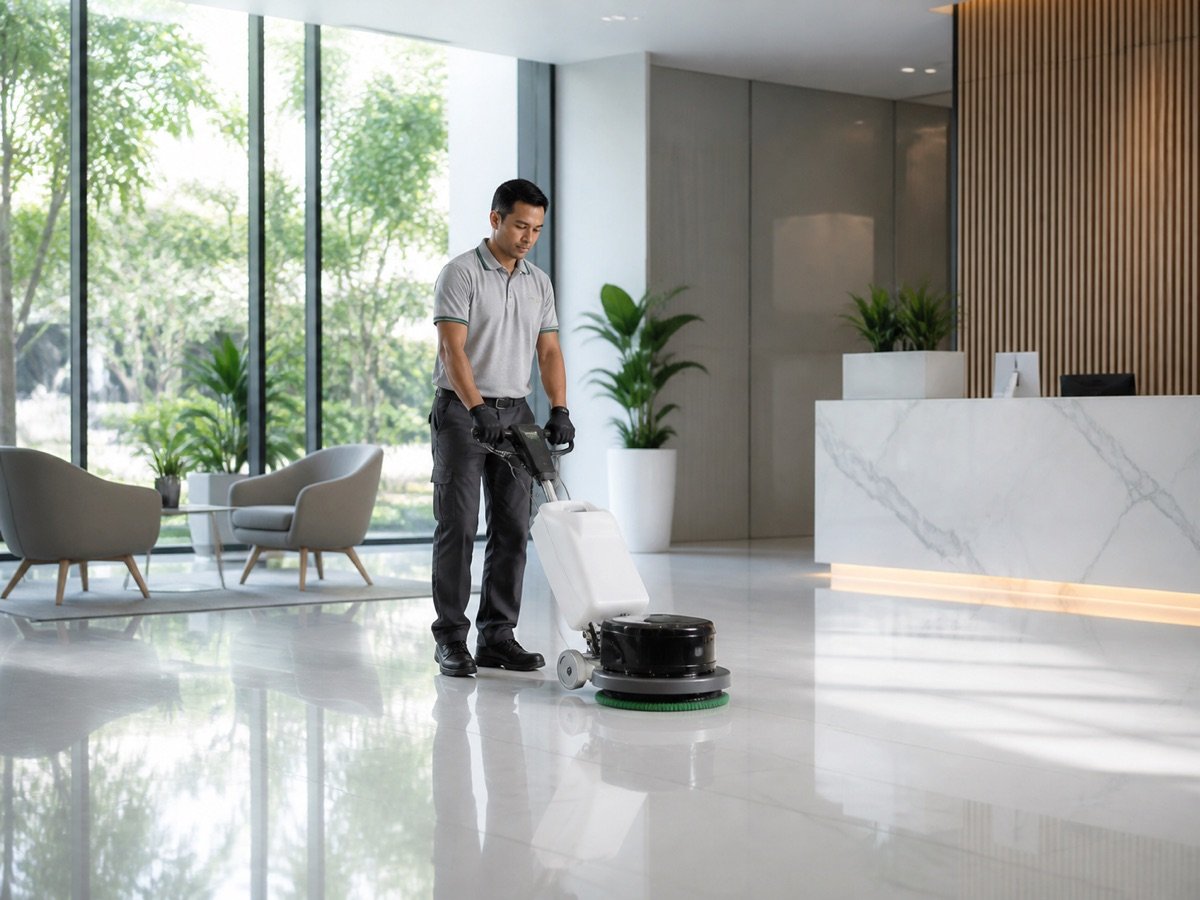 Professional floor scrubbing in a modern office lobby