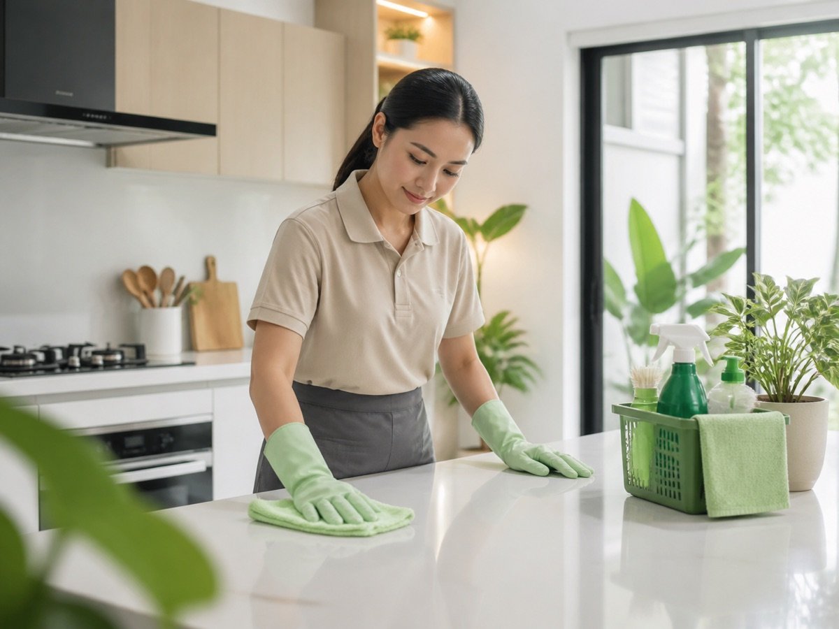 Professional cleaner wiping a modern home kitchen counter