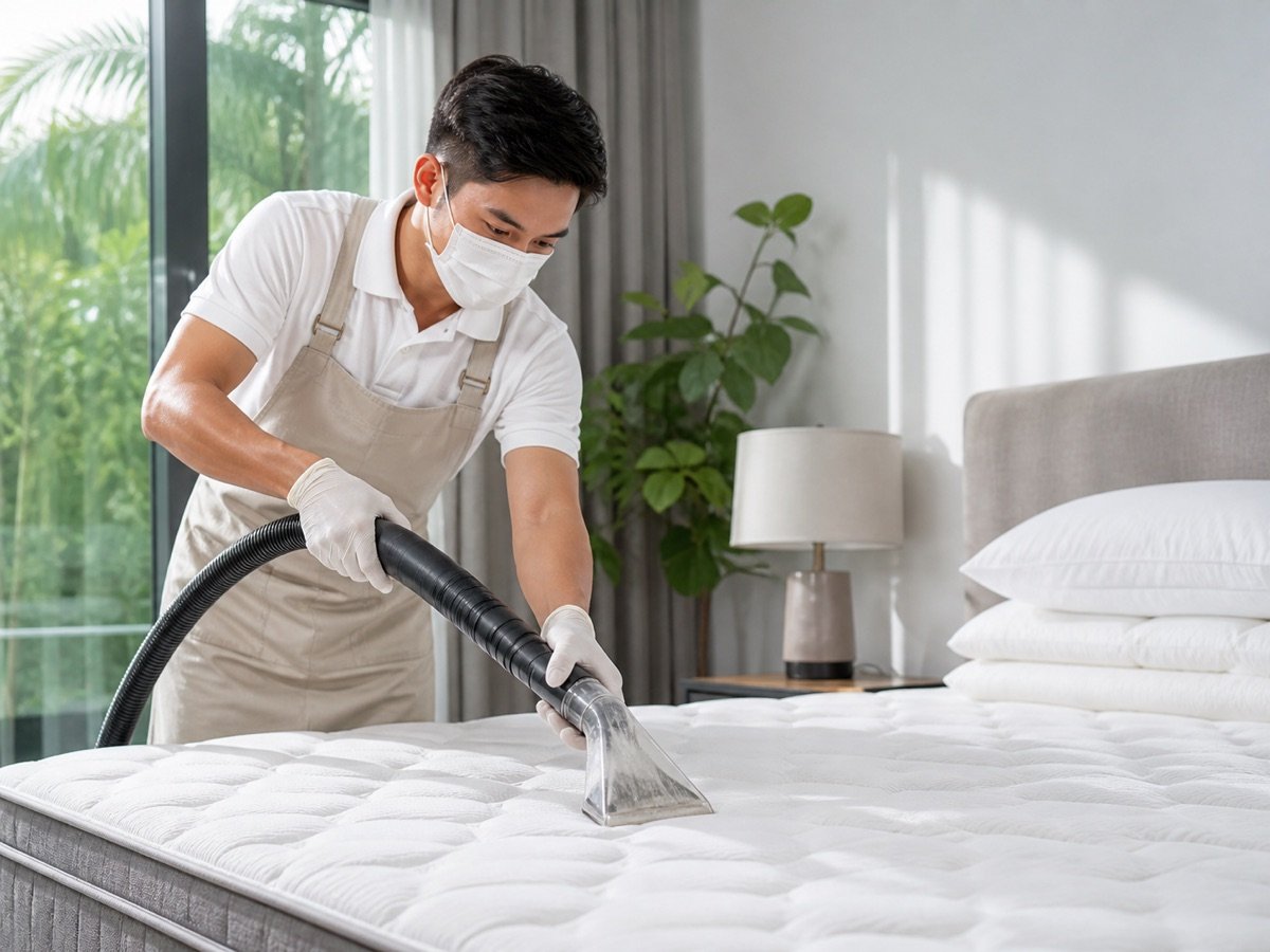 Professional mattress deep cleaning with extraction equipment
