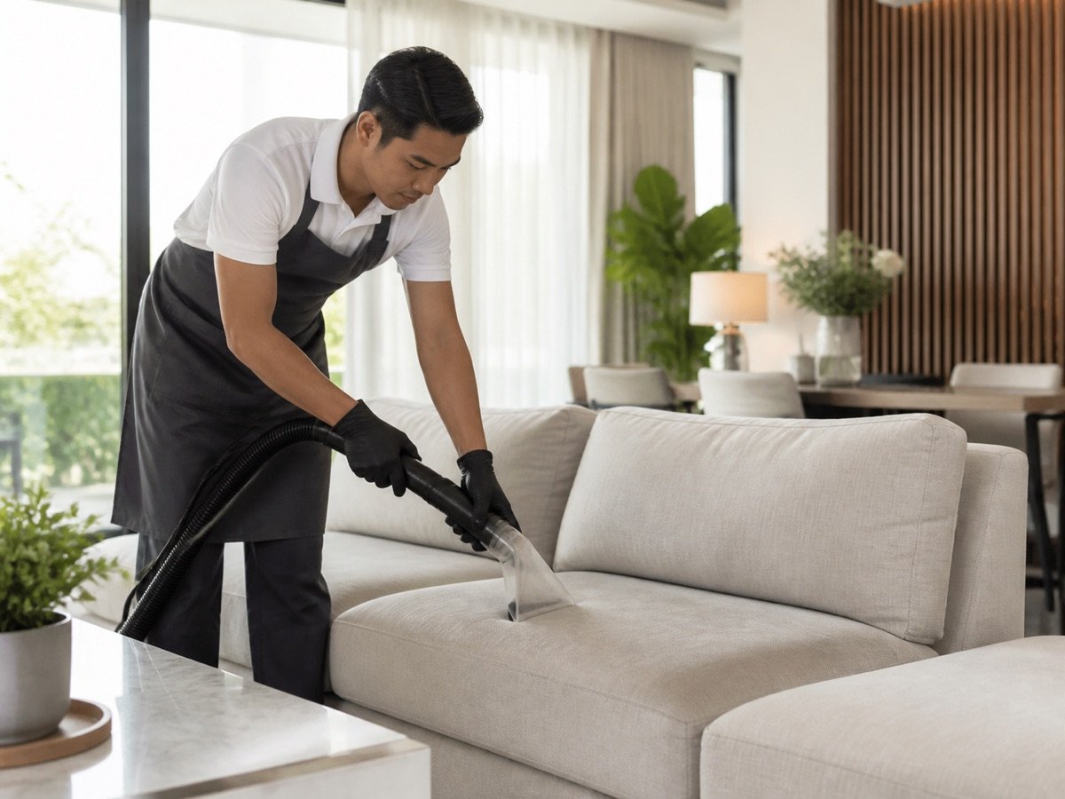 Professional upholstery extraction cleaning on a fabric sofa